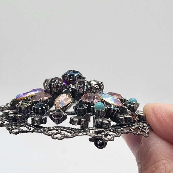 VTG Brooch Silver Tone AB Purple Pink Rhinestones w/ Blue Cabochon Accents *READ - Picture 6 of 8